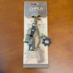 Chala Bronze Dog & Flower Keychain with Tan Bone Charm